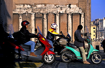 Italy, Rome, Traffic, Bikers Waiting At Red Light, Roman Remains In Wall Behind