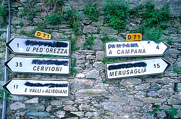 France, Corsica, Castaniccia, Piedicroce, Road Signs With Deleted French Words By Independantists