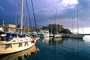 France, Corsica, North, Calvi, Harbour And Citadel At Sunrise