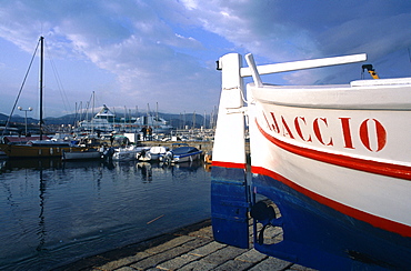 France, Corsica, Ajaccio, The Harbour Traditional Fishing Boat At Fore