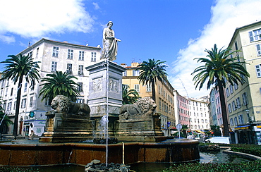 France, Corsica, South, Ajaccio, Napoleon Monument And Fountain On Square