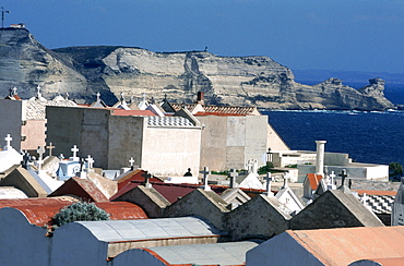 France, Corsica, Bonifacio, View On The Cliffs From The Citadel, The Maritime Cemetery At Fore