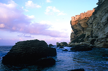 France, Corsica, South, Bonifacio, View Of The Cliffs And Overhanging Citadel At Sunrise