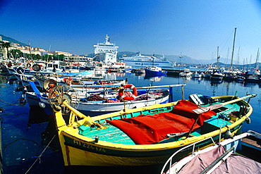 France, Corsica, South, Ajaccio, The Harbour And Marina, Traditional Fishing Boats At Fore