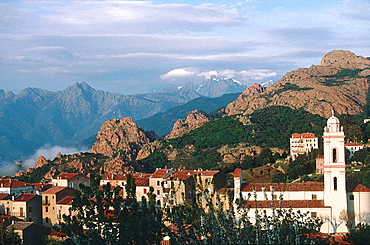 France, Corsica, South, Piana Vicinity, Porto Golf, Overview On The Piana Village, Calanche Rocks Behind