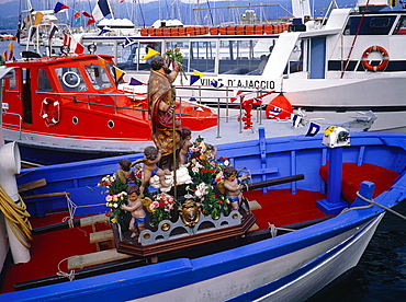 France, Corsica, South, Ajaccio, The Harbour , Saint Erasme Fishermen Festival, Statue Of The Virgin On A Fishing Boat