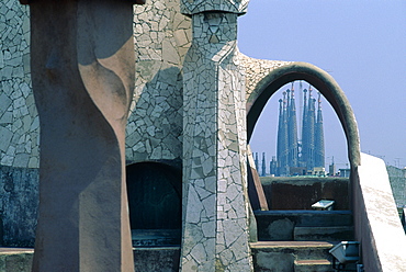 Spain, Catalonia, Barcelona, Sagrada Familia Church Designed By Gaudi, The Belfries Seen From The Pedrera Roof