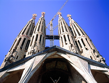 Spain, Catalonia, Barcelona, Sagrada Familia Church Designed By Gaudi, The Main Facade With Four Belfries And Porch