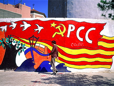 Spain, Catalonia, Barcelona, Historic Mural Frescoes And Man Passing By 