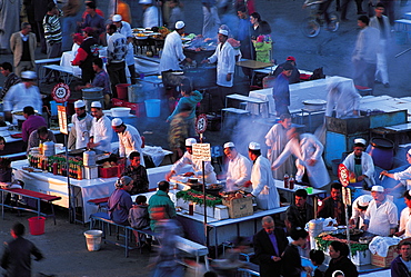 Morocco, Marrakech, Djemaa El Fna Square At Dusk, Eating And Drinking Stalls Being Installed