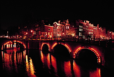 Netherlands, Illuminated Canals At Night