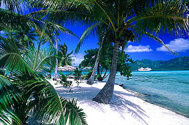 French Polynesia, Gastronomic Cruise On M/S Paul Gauguin, View Of Tahaa Lagoon From A Private Islet, The Ship Anchored 