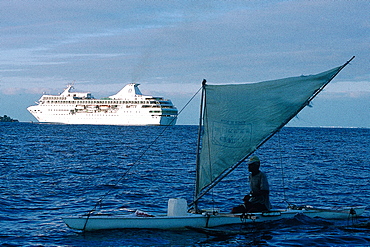 French Polynesia, Gastronomic Cruise On M/S Paul Gauguin, The Ship In Bora Bora Lagoon, Local Outrigger At Fore 