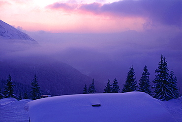 France, Alps In Winter, Avoriaz, Mountains Landscape At Dusk 