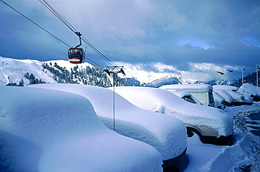 France, Alps In Winter, Telpher Above Cars Covered By Snow 