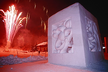 France, Alps In Winter, Savoie, Valloire, Ice Carving Contest, Winning Sculpture During Fireworks 