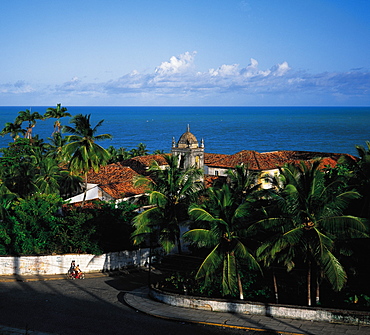 Brazil, Olinda (Near Recife) Ancient Portuguese Settlement.Overview On Sao Francisco Convent.Palms At Fore And Ocean At Back