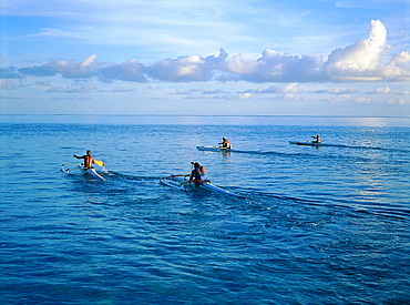 French Polynesia, The Leeward Islands (Iles Sous-Le-Vent), Bora-Bora Island, Outriggers Training For The Heiva Festival Races