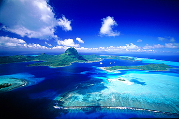 French Polynesia, The Leeward Islands (Iles Sous-Le-Vent), Bora-Bora Island, Aerial, Mount Otemanu And The Large Lagoon