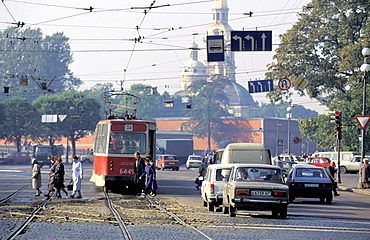 Russia, St Petersburg, Traffic, Tram And Old Cars On Busy Street , 