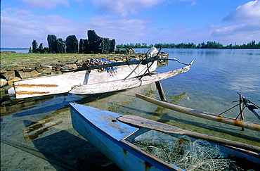 French Polynesia, Society Islands (Iles Sous-Le-Vent), Huahine Island, Outriggers At The Maeva Marae (Ancient Religious Site)