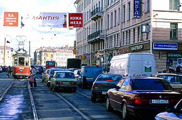 Russia, St-Petersburg, Jammed Traffic, Cars And Tram