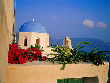 Greece, Cyclades, Santorini Island, Ia Village, Entrance Of A Private House, Dome Chapel At Back