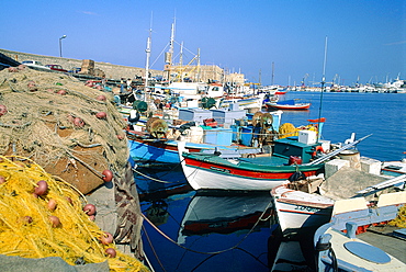 Greece, Crete, Heraklion, The Harbour, Colored Fishing Boats