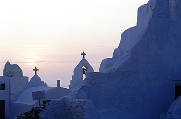 Greece, Cyclades, Santorini Island, Ia Village, View Of Chapels At Dusk, 