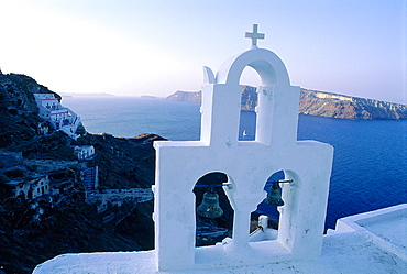 Greece, Cyclades, Santorini Island, Ia Village, White Chapel Belfry Overlooking On The Caldera 