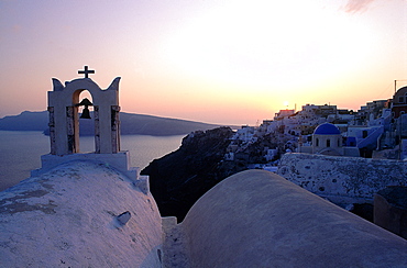 Greece, Cyclades, Santorini Island, Ia Village, Dome And Belfry At Sunset