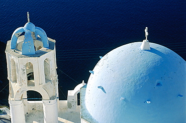 Greece, Cyclades, Santorini Island, Overview On Ia Village Most Famous Chapel And The Sea