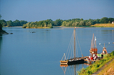 France, To Uraine Val-De-Loire, In Dre-Et-Loire, The River Loire At Brehemont, Gabarre Traditional Loire Boat With Flat Bottom At Quay