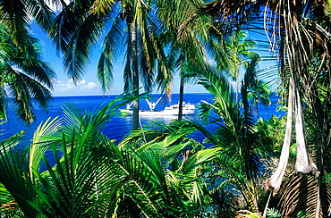 French Polynesia, Marquesas Archipelago, Fatu-Hiva Island, Near Omoa Bay The Freighter Aranui Anchored