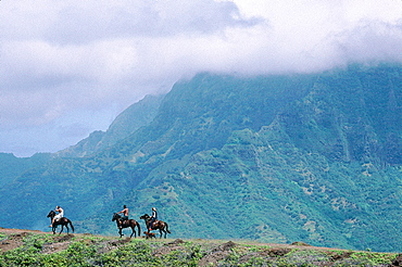 French Polynesia, Marquesas Archipelago, Hiva-Oa Island, Above At Uona Village, Horseback Riders On A Crest