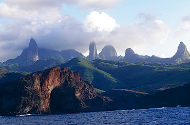 French Polynesia, Marquesas Archipelago, Ua-Pou Island Shoreline And Peaks Viewed From The Ocean