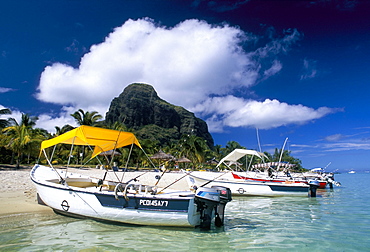 Beached motor boats for fishing, Mauritius, Indian Ocean, Africa