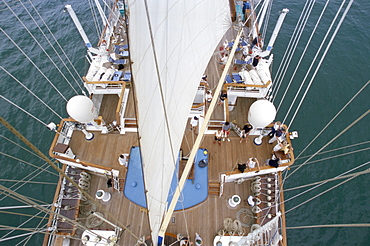 View above ship cruising in Southeast Asian waters, Asia