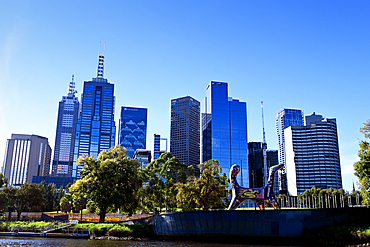 City skyline and sculpture from Yarra River