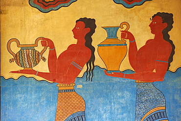 Mural paintings, Corridor of the Procession, Minoan archaeological site of Knossos, Crete, Greek Islands, Greece, Europe 