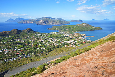 Porto di Levante and Vulcanello view, Aeolian Islands in the background, Vulcano Island, Aeolian Islands, UNESCO World Heritage Site, north of Sicily, Italy, Mediterranean, Europe