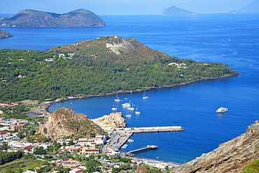 Porto di Levante and Vulcanello view, Lipari and Pannarea Island in the background, Vulcano Island, Aeolian Islands, UNESCO World Heritage Site, north of Sicily, Italy, Mediterranean, Europe