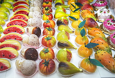 Frutta Martorana, traditional marzipan sweets, Cefalu, Sicily, Italy, Europe