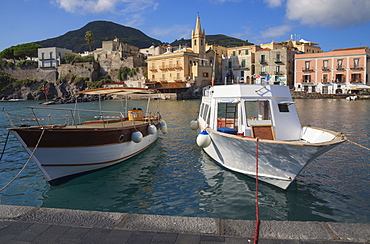 Marina Corta harbor and San Giuseppe church, Lipari Island, Aeolian Islands, UNESCO World Heritage Site, Sicily, Italy, Mediterranean, Europe