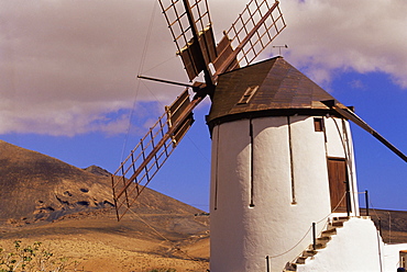 Exterior of old windmill in volcanic landscape, near Tiscamanita, Fuerteventura, Canary Islands, Spain, Europe