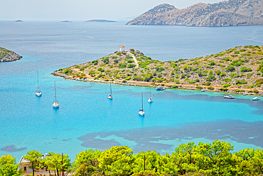 Panormitis bay, high angle view, Panormitis, Symi Island, Dodecanese Islands, Greece