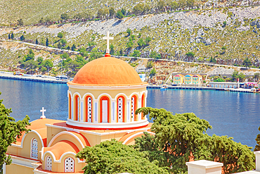 Church of Evangelismos (also known as Annunciation Church) dome, Gialos, Symi Island, Dodecanese Islands, Greece