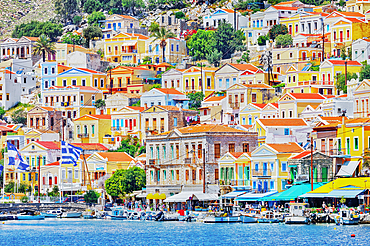 View of Gialos Harbour, Gialos, Symi Island, Dodecanese Islands, Greece