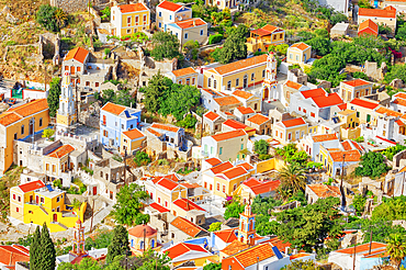 Chorio (upper town), high angle view, Chorio, Symi Island, Dodecanese Islands, Greece
