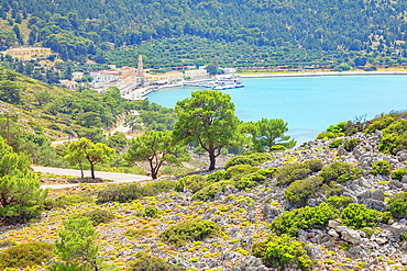 View over Panormitis bay, Panormitis, Symi Island, Dodecanese Islands, Greece